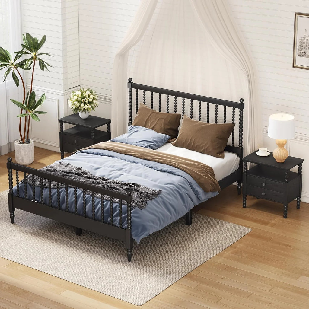 Queen Size Solid Wood Platform Bed with 2 Nightstands E392908