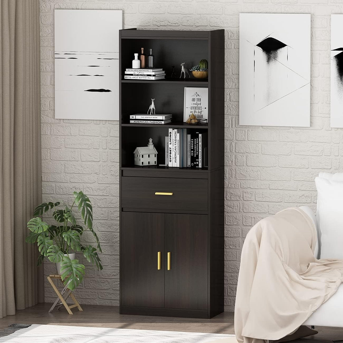 Black-Brown 3 Tier Wooden Bookcase Storage Cabinet with 2 Doors and 1 Drawer W6875