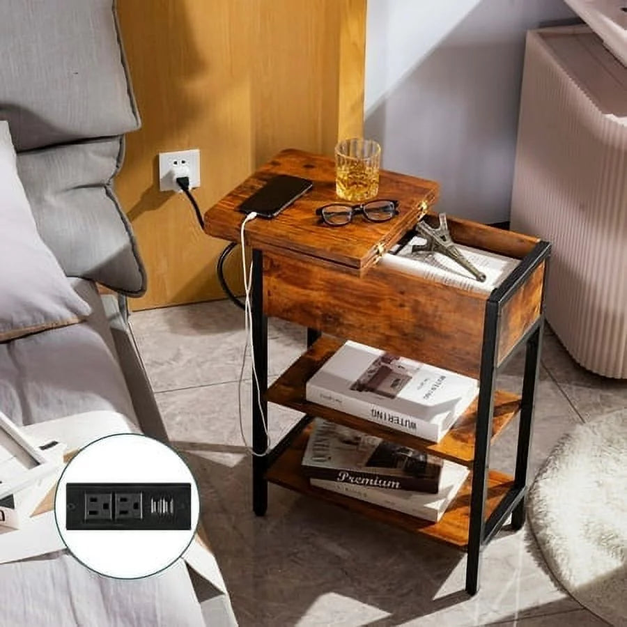 End Table with Charging Station, Flip Top Side Table with USB Ports and Outlets Q7776