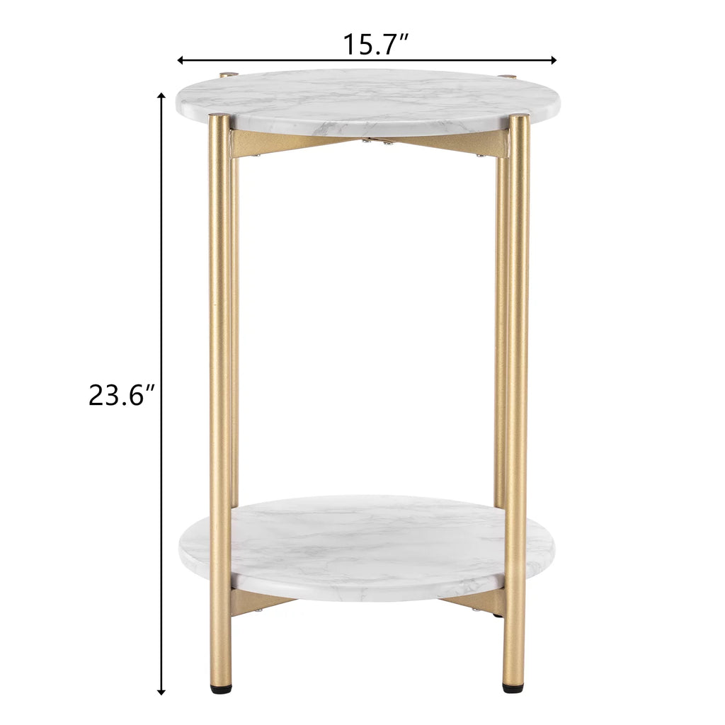 Gold White 2-Tier Round Faux Marble End Table C8291