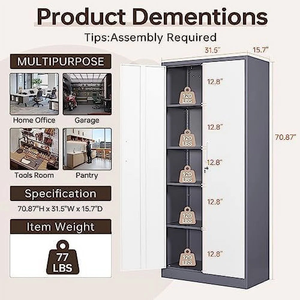 Metal Cabinet with Locking Doors 71" Tall 2 Adjustable Shelves Steel Cabinet R88269