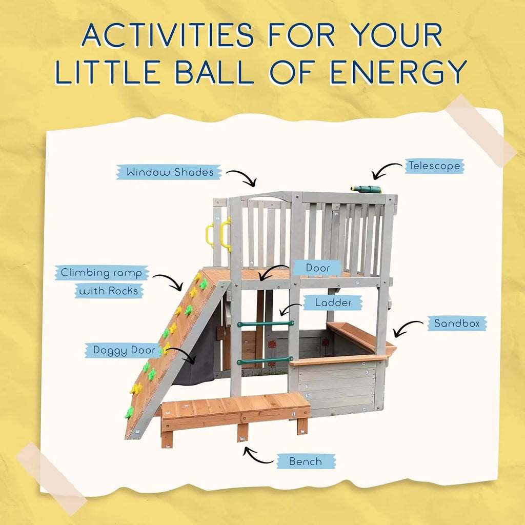 Wooden Playhouse with Sandbox, Bench, Telescope, Ladder, Climbing Ramp & Doors F1073