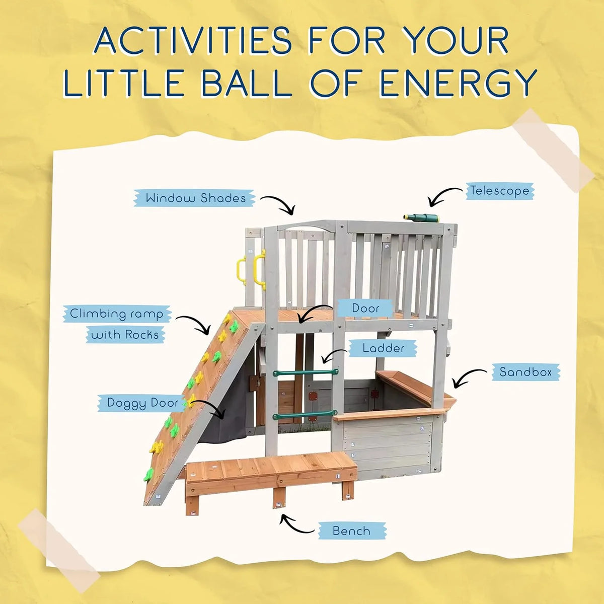 Wooden Playhouse with Sandbox, Bench, Telescope, Ladder, Climbing Ramp & Doors F1073