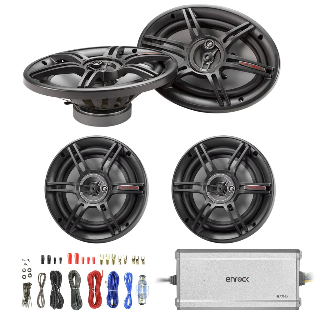 6.5 3-Way Black Car Speakers (Pair), 6x9 3-Way Car Black Speakers (Pair), 4-Channel Marine Amplifier, 18 AWG 50 Feet Speaker Wire Cable L256
