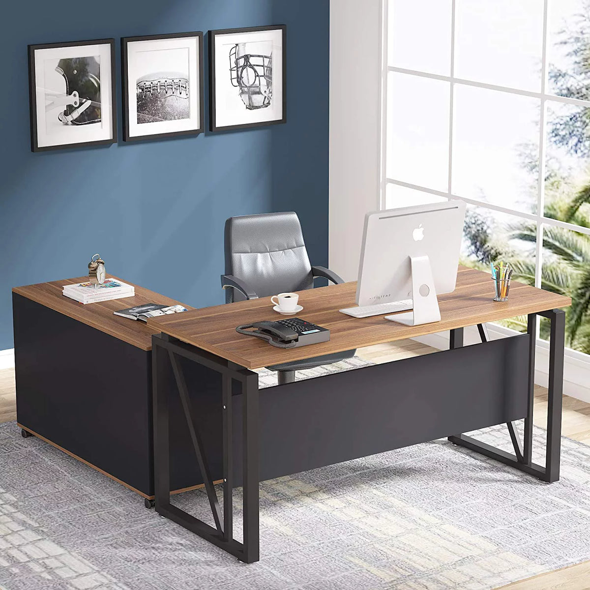 L-Shaped Computer Desk with File Cabinet and Storage Shelves I410