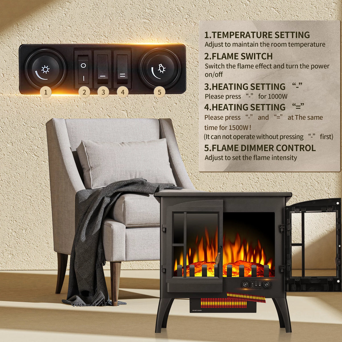 Electric Fireplace Stove, Freestanding, Portable, Thermostat, 1000W/1500W (23 Inch) A284985