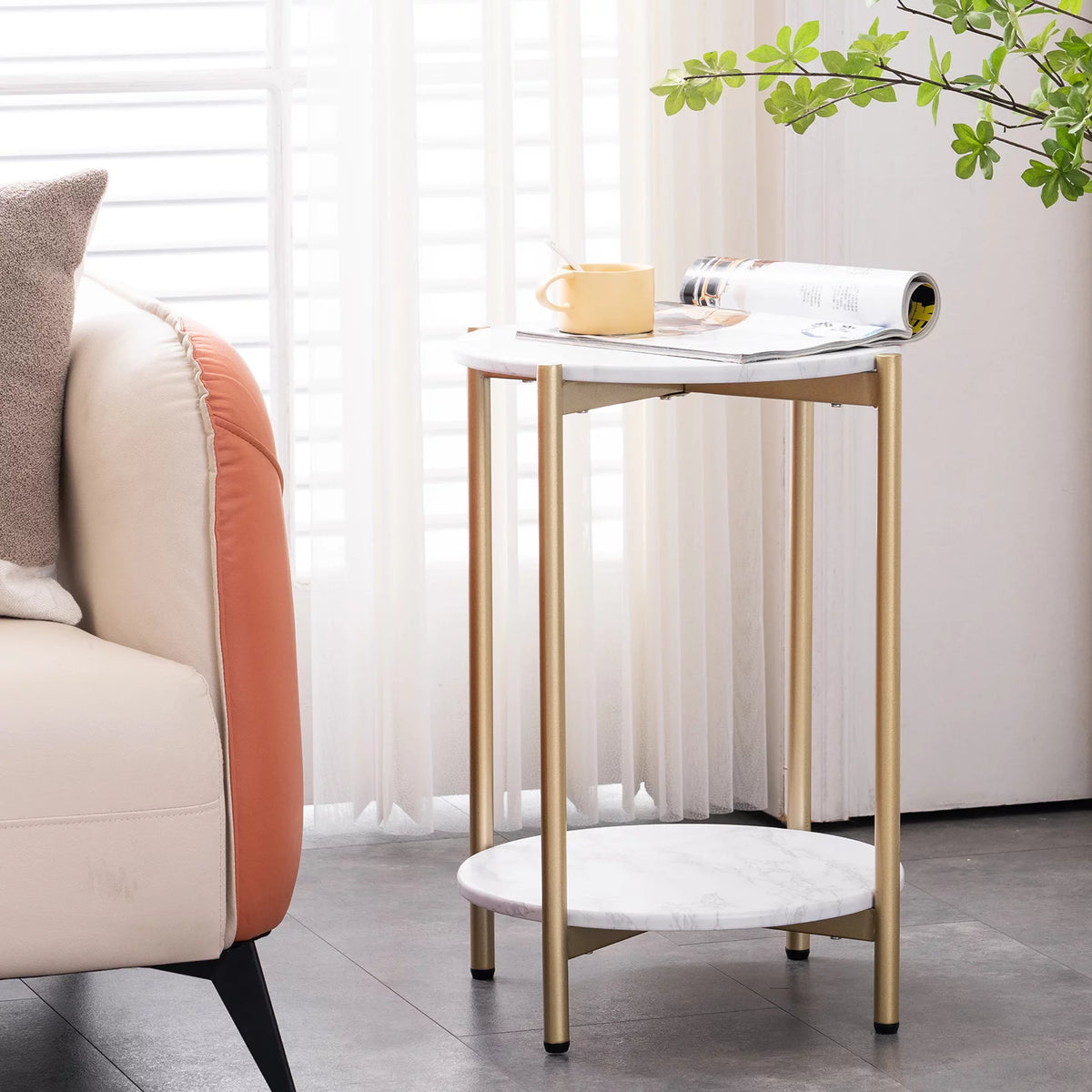 Gold White 2-Tier Round Faux Marble End Table C8291
