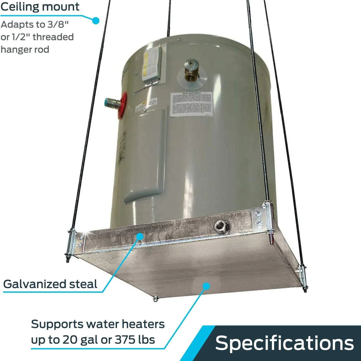 Ceiling Mounted Water Heater Platform with Steel Drain, Up To 20 Gallons M38961