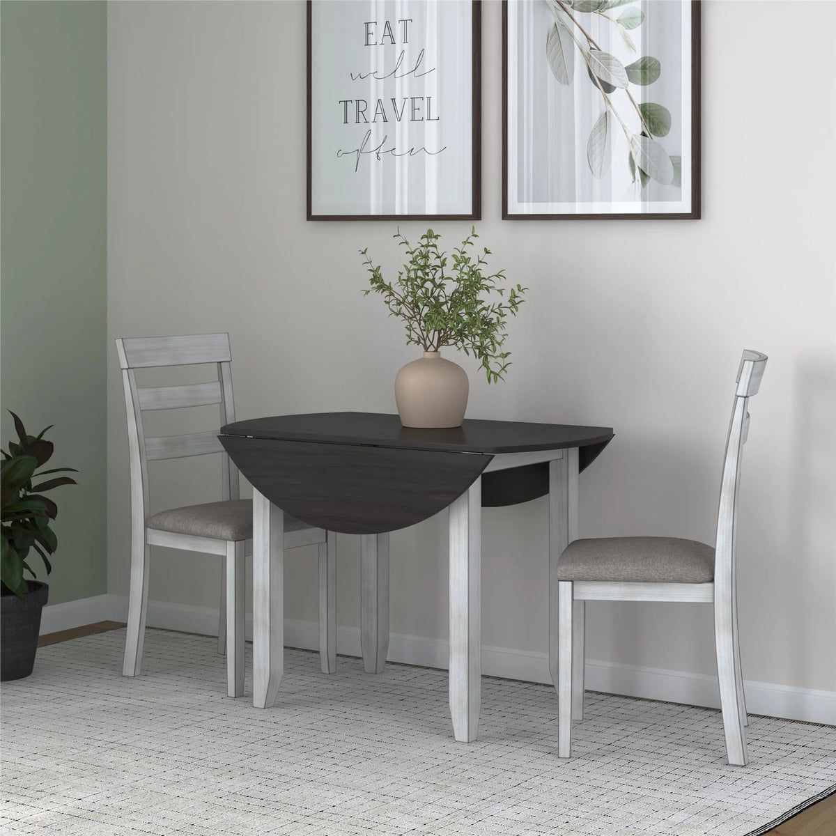 3-Piece Drop Leaf Wood Dining Set with Round Table and 2 Chairs I100220