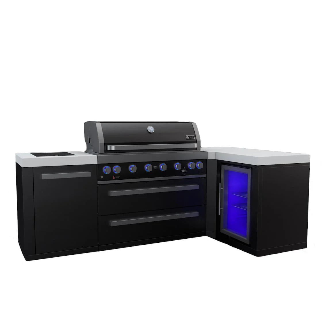 Black Stainless Steel Island Grill with 90 Degree Corner and Fridge Cabinet G2784