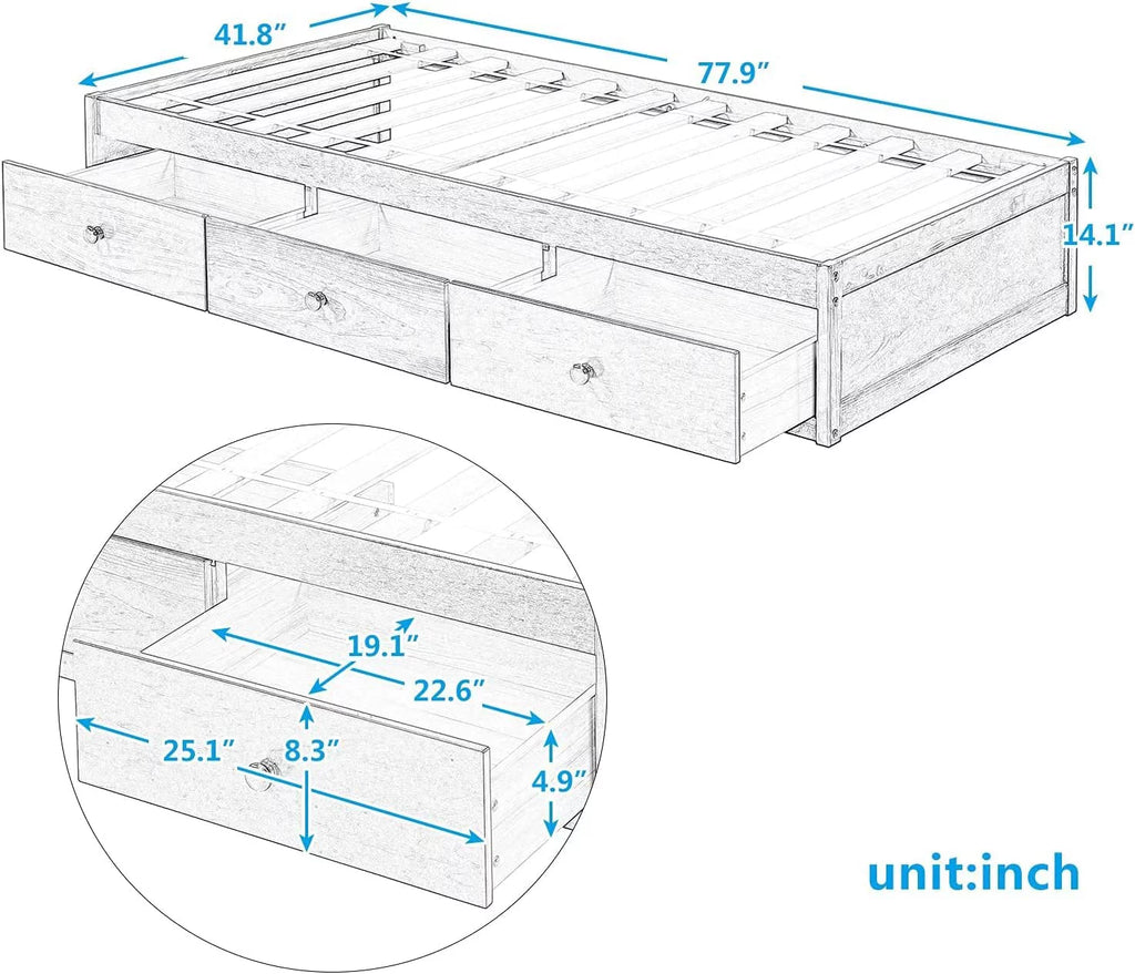 Wood Platform Bed Frame with 3 Drawers T507