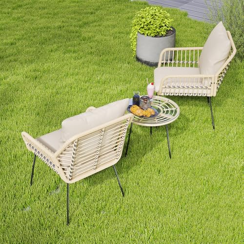 Blue 3 Pieces Upholstered Rattan Patio Bistro Set with Coffee Table J105997