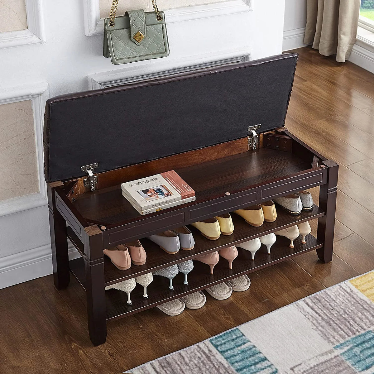 Black Shoe Storage Bench with Cushion N27349