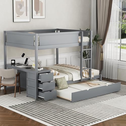 White Wood Twin Over Twin Bunk Bed with Trundle E55790