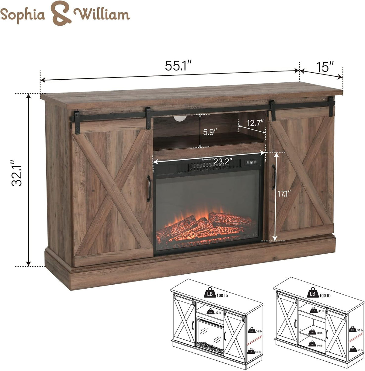 Electric Fireplace TV Stand for TVs Up to 65 with Barn Door Storage Cabinet C483222