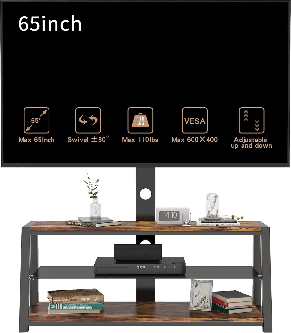 Angle and Height Adjustable Swivel TV Stand with Shelves K78920