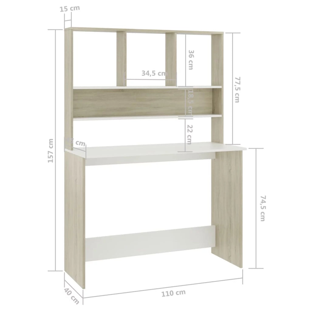 White and Sonoma Oak Desk with Shelves B22370