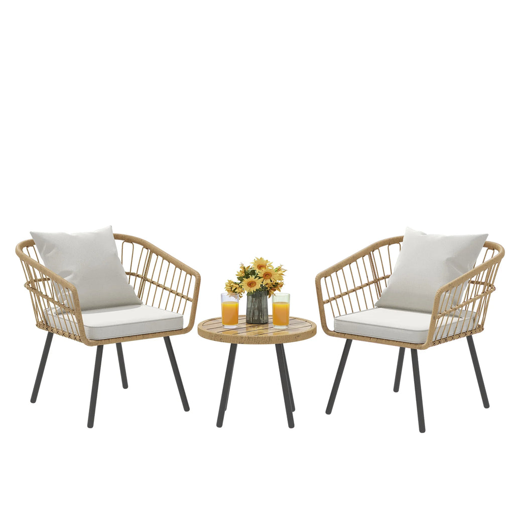 3 Pieces Outdoor Wicker Sofas Rattan Chairs with Gray Cushion and Rattan Coffee Table J322