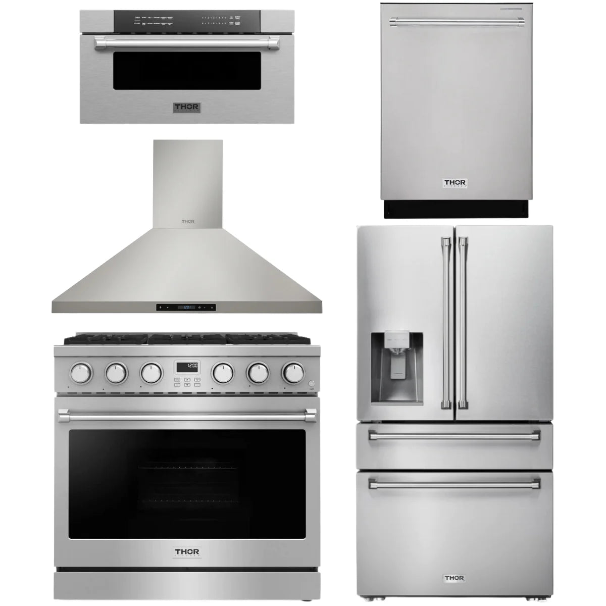 36 Gas Range, Range Hood, Refrigerator, Dishwasher and Microwave F8572