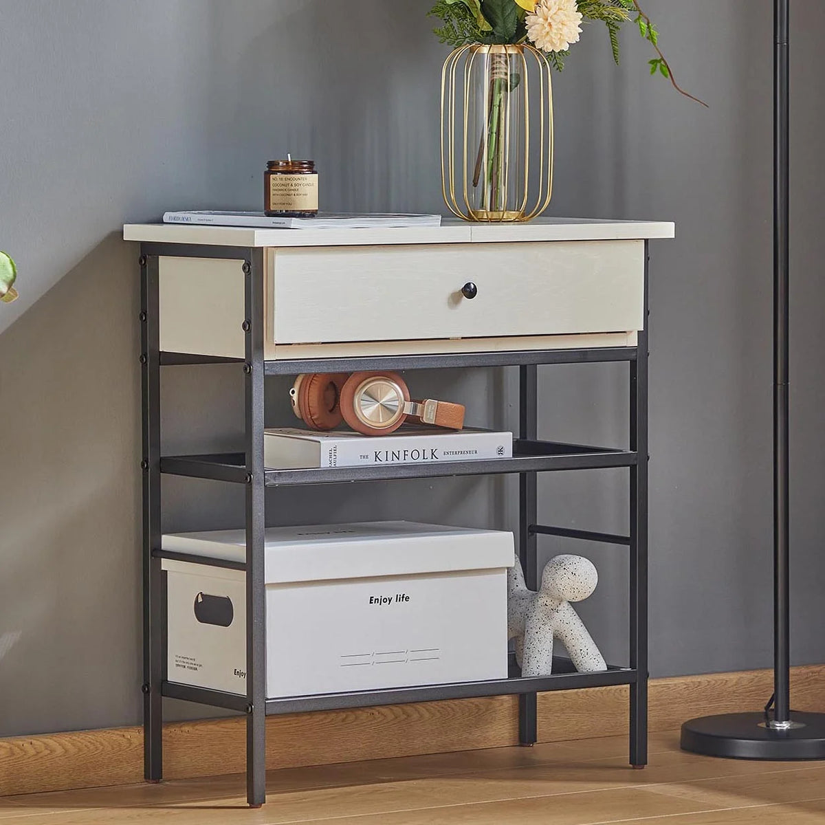 White Flip Top Side Table with Charging Station and Storage Shelves V9893