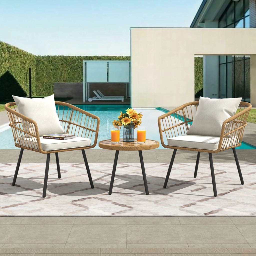 3 Pieces Outdoor Wicker Sofas Rattan Chairs with Gray Cushion and Rattan Coffee Table J322