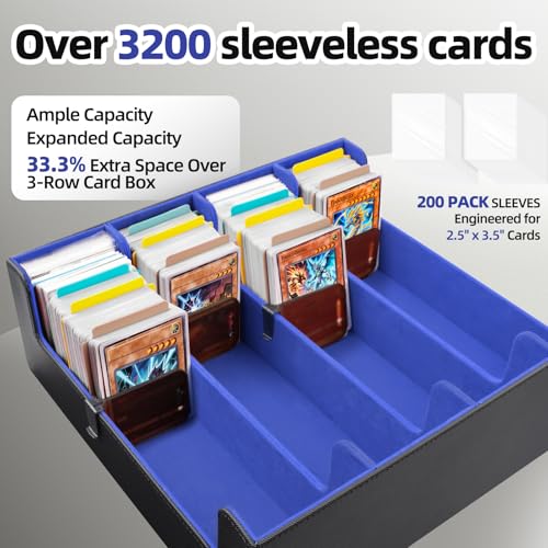 4 Rows Trading Card Storage Box 3200+ Card Organizer with 200 Sleeves & 24 Dividers Black & Blue E8913