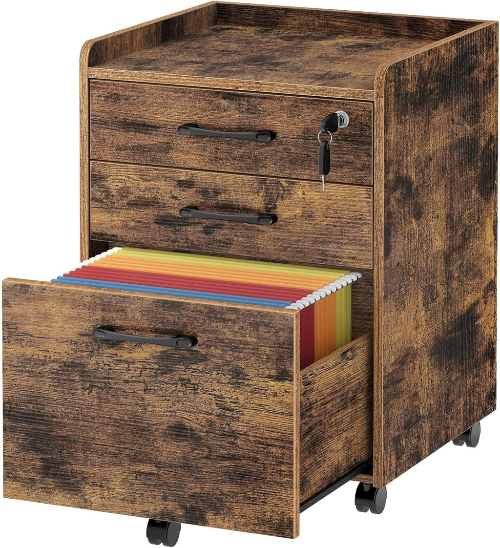 Rustic Brown 3 Drawer Rolling File Cabinet R1962