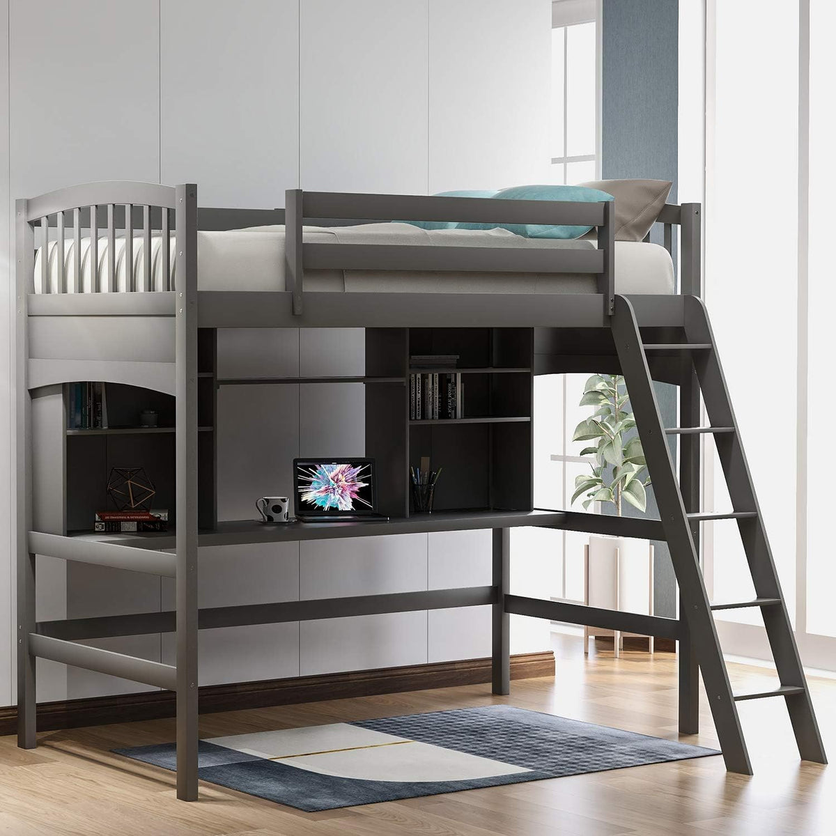 Twin Size Solid Wood Loft Bed with Desk and Storage Shelves A955