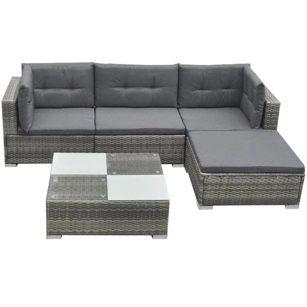 5 Piece Cushioned Sofa and Corner Sofas with Footrest Tea Table Gray Poly Rattan Outdoor Furniture Set X379