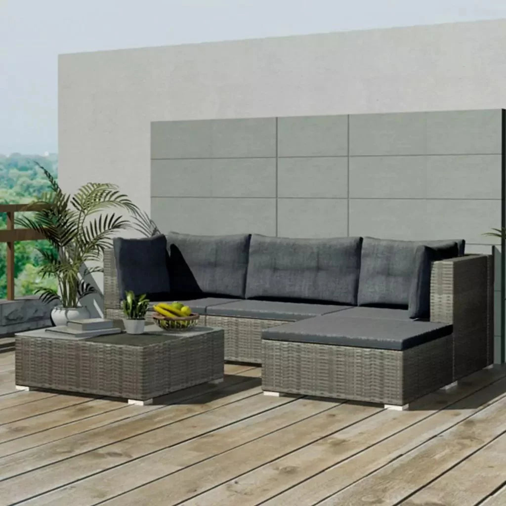 5 Piece Cushioned Sofa and Corner Sofas with Footrest Tea Table Gray Poly Rattan Outdoor Furniture Set X379