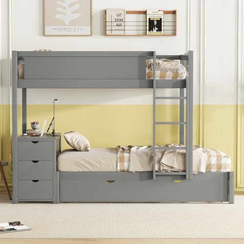 White Wood Twin Over Twin Bunk Bed with Trundle E55790