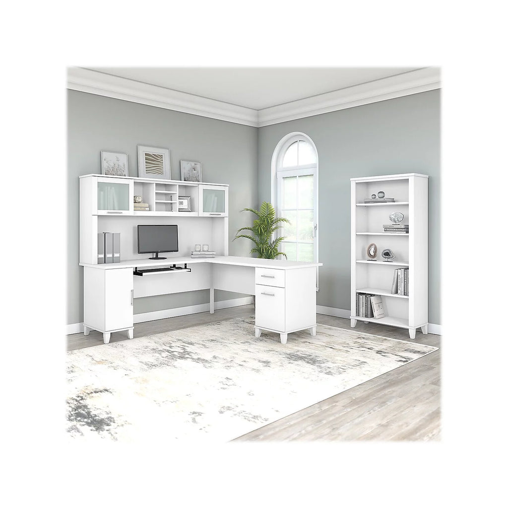 White L Shaped Desk with Hutch and Bookcase T837