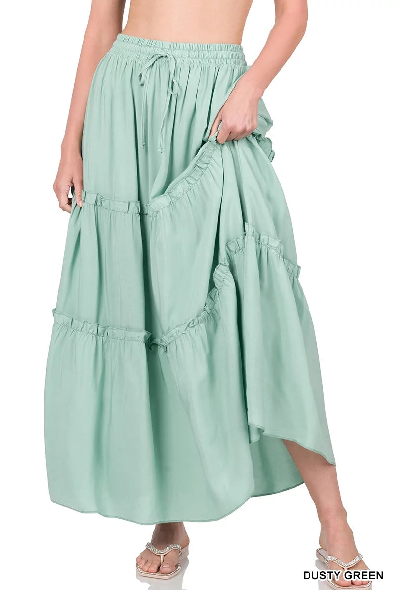 Boho Elastic Drawstring Waist Tiered Ruffle A-Line Woven Maxi Skirt N81909