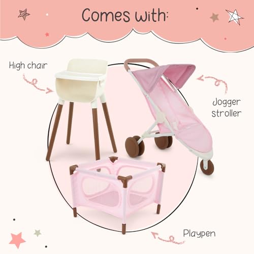 14-Inch Baby Doll Nursery Playset with High Chair, Playpen & Jogger Stroller D4828
