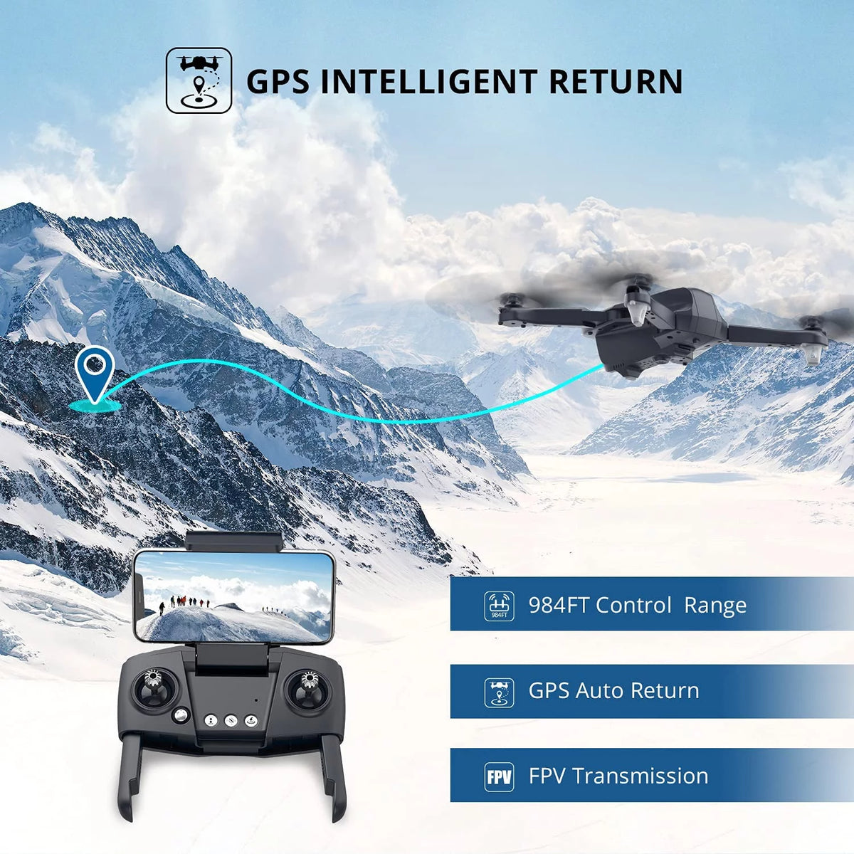 4K Camera Foldable GPS Drone with 2 Batteries, Black C7778