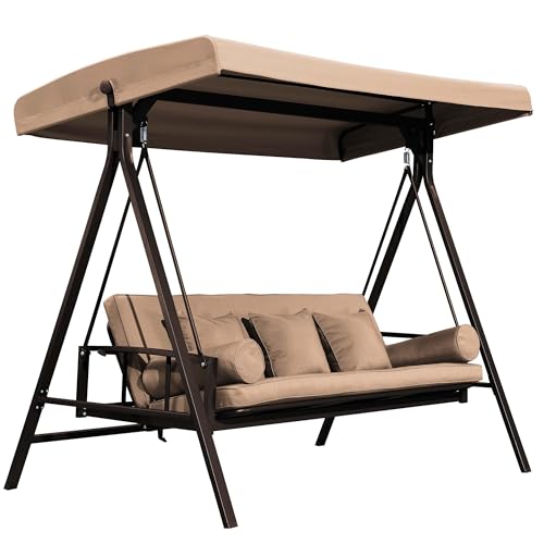 Outdoor Patio Porch Swing with Adjustable PVC Canopy, 3-seat Swing Chair Bench with Side Cup Holder, Cushions and Pillow Included, Grey G861