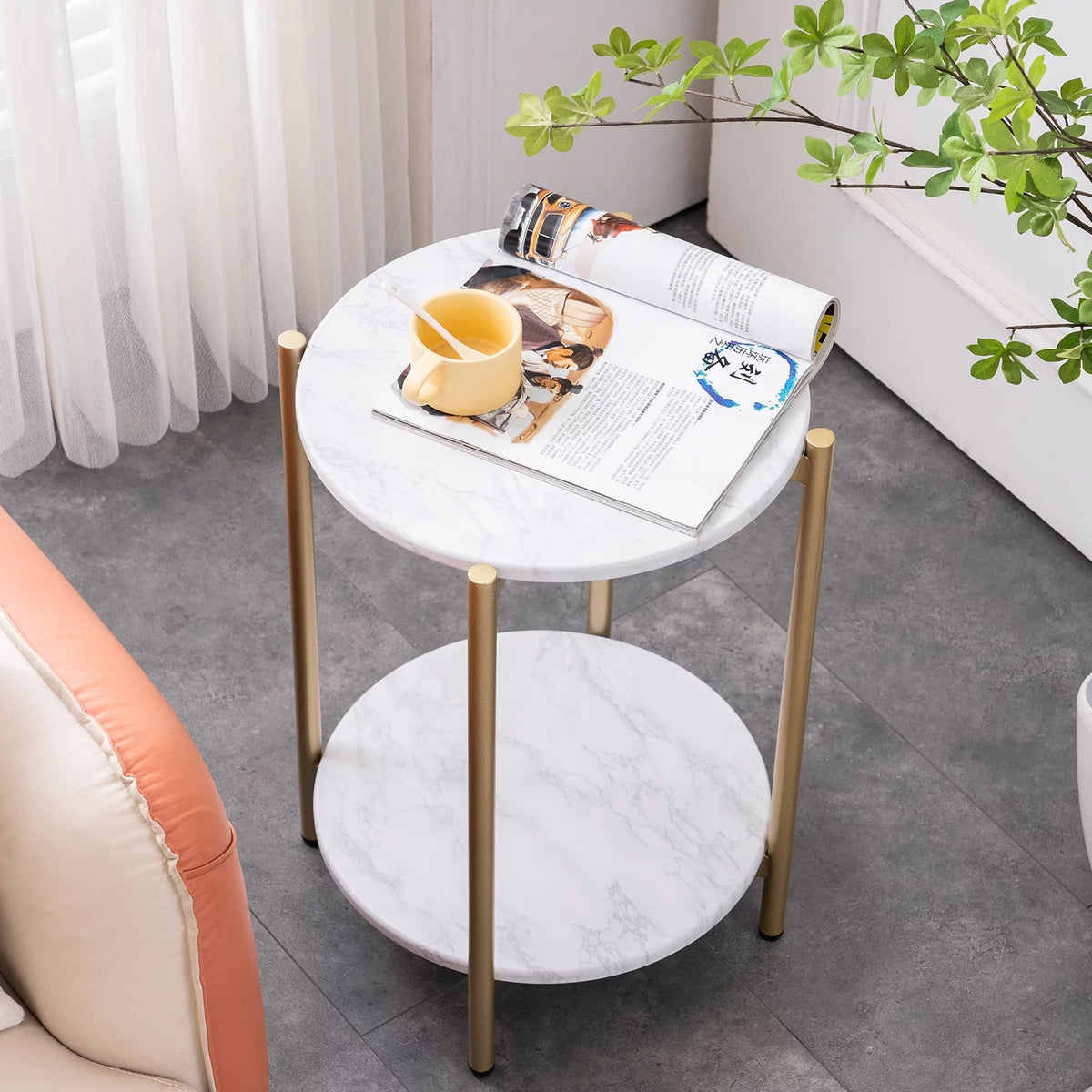 Gold White 2-Tier Round Faux Marble End Table C8291