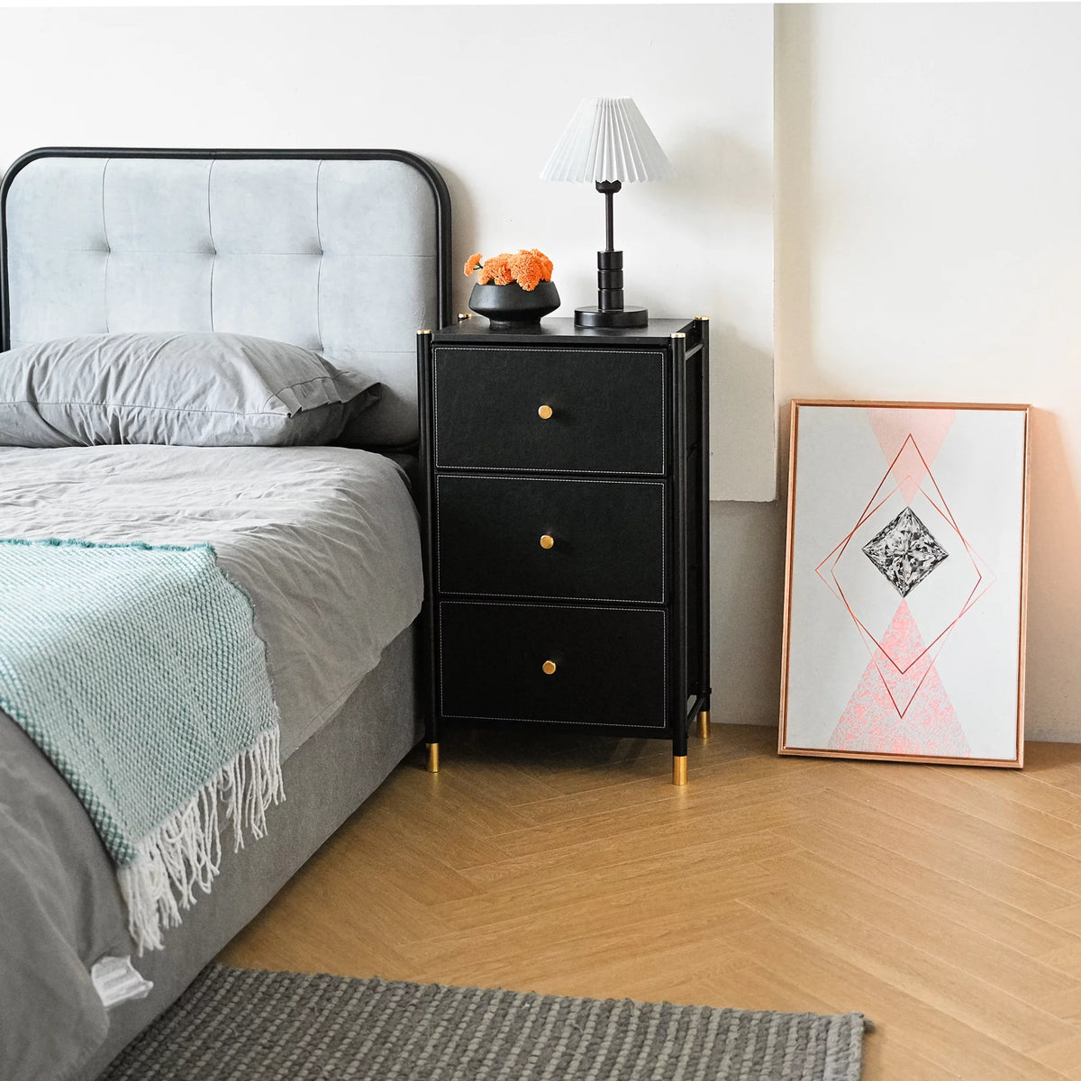 Black 3 Drawer Fabric Dresser A658