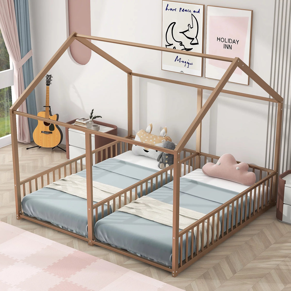 Twin Size Metal House Bed with Guardrails C397