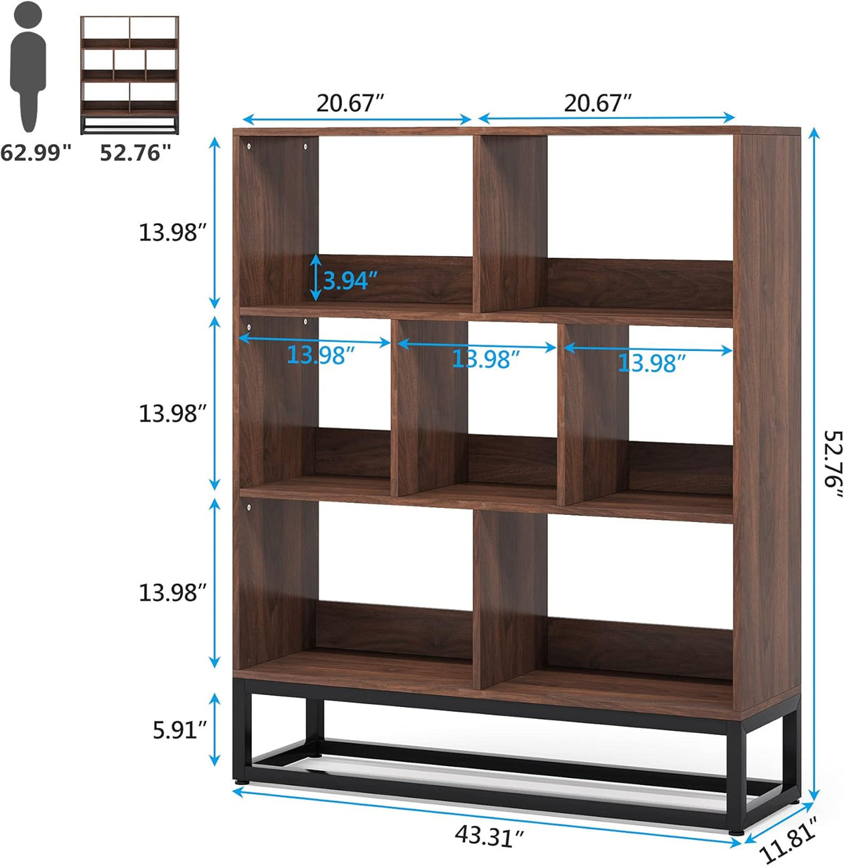 3 Tier 7-Cube Open Shelf Bookcase with Metal Leg K87504