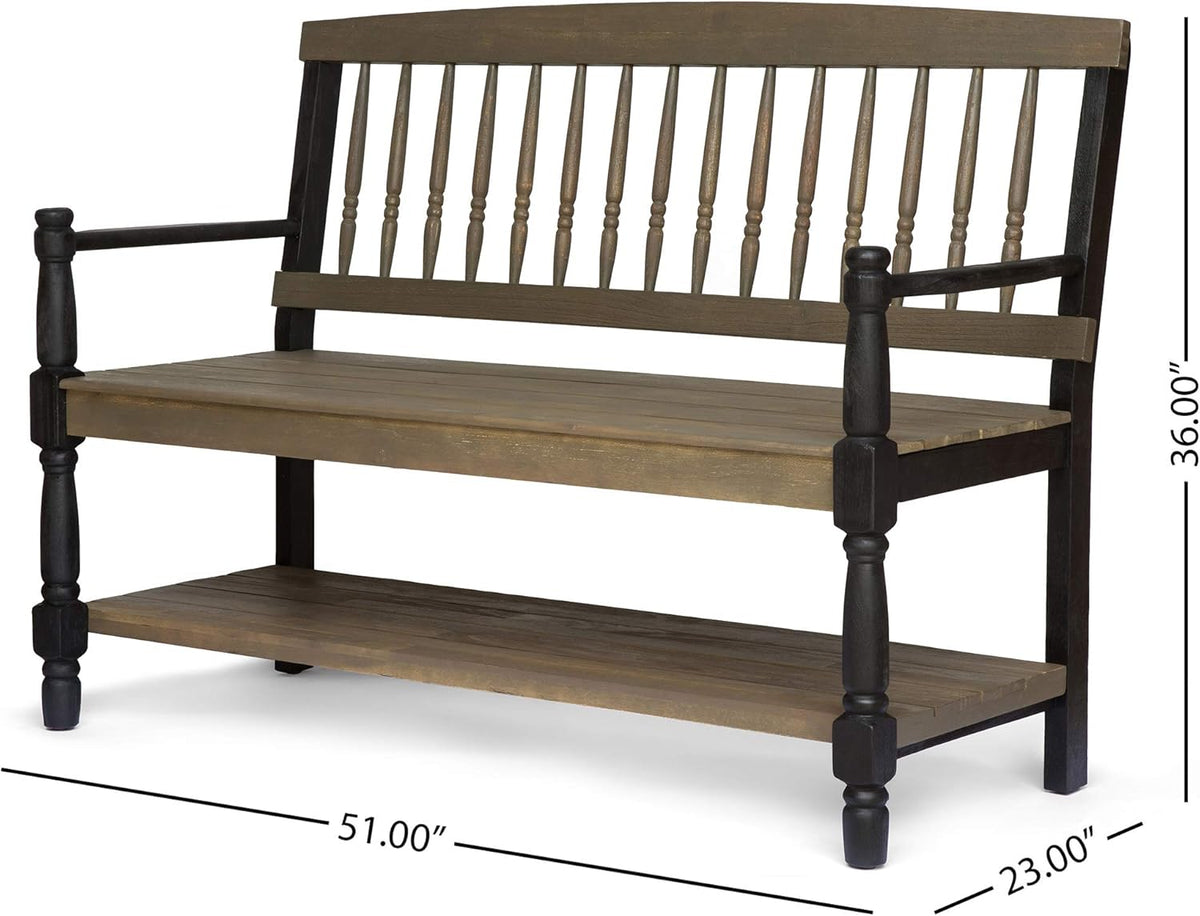 Gray and Black Acacia Wood Bench with Shelf U699124