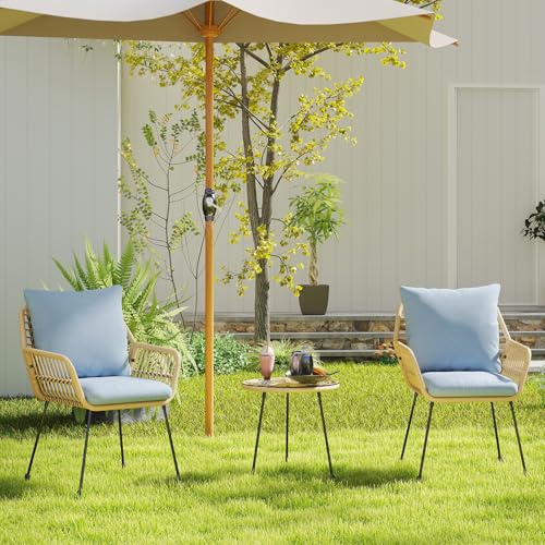Blue 3 Pieces Upholstered Rattan Patio Bistro Set with Coffee Table J105997
