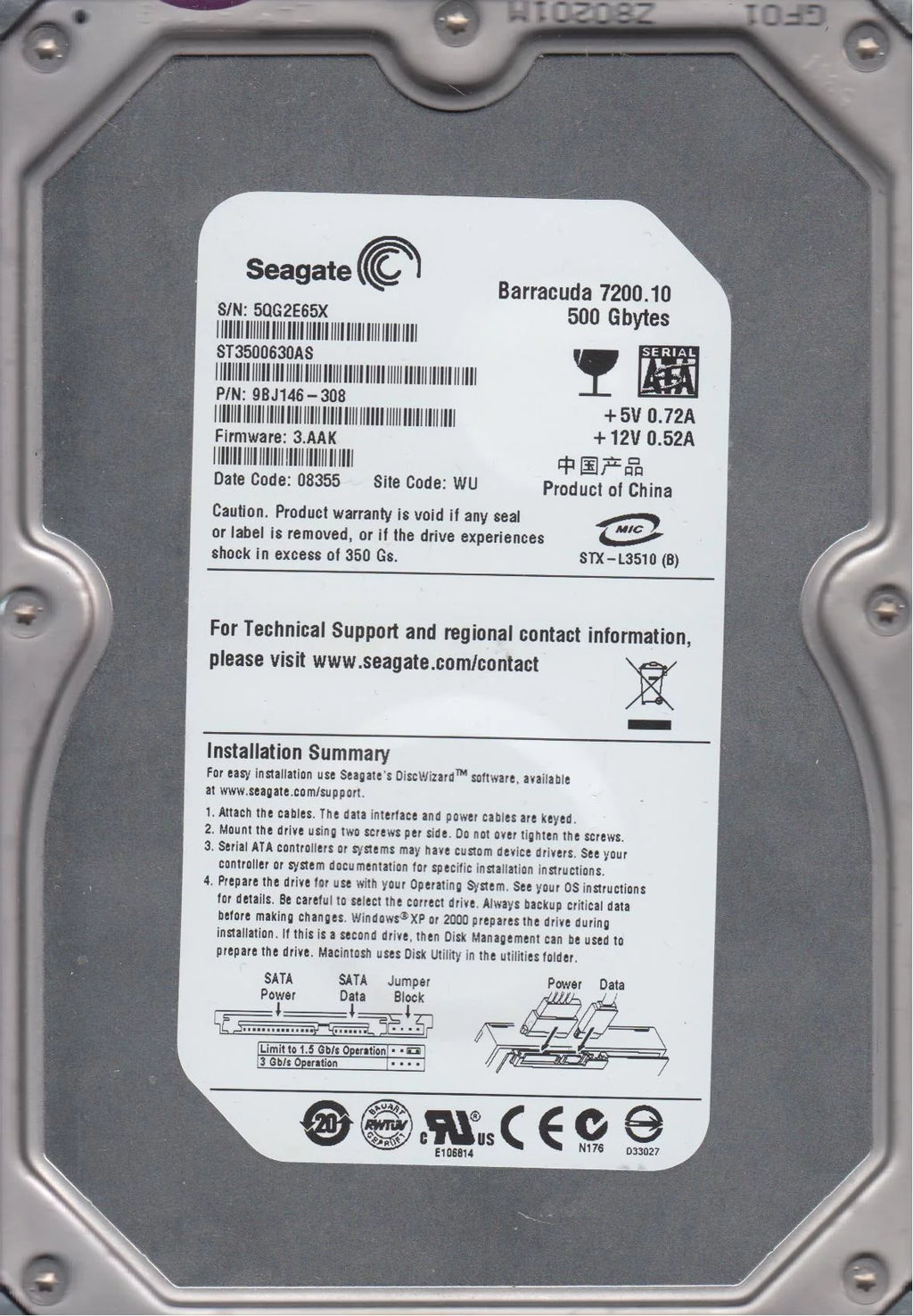 500GB SATA 3.5 Hard Drive D957459