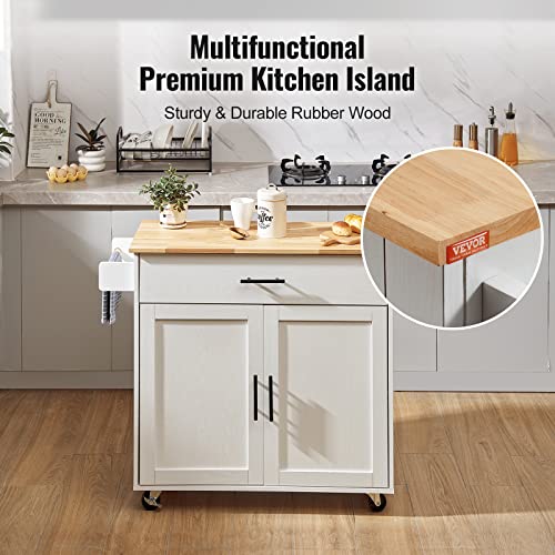 White Rolling Kitchen Island Cart with Storage Cabinet and Drawer Y393064