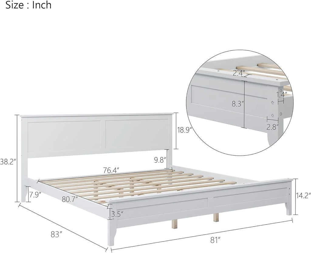 King Size White Wooden Platform Bed with Headboard A494372