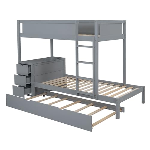 White Wood Twin Over Twin Bunk Bed with Trundle E55790