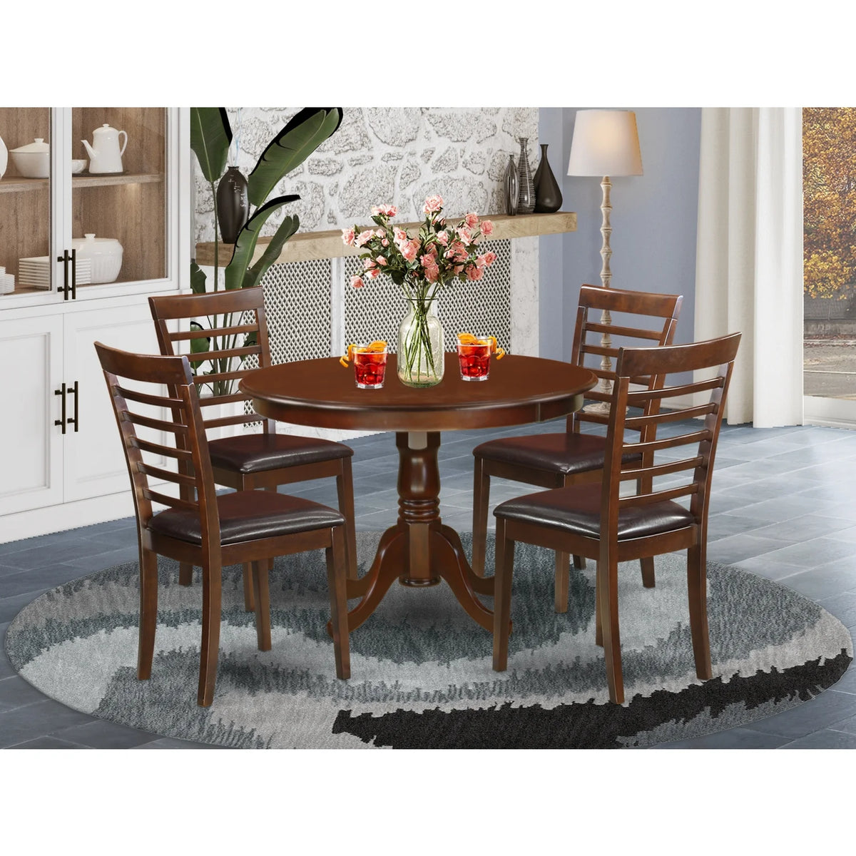 5 Piece Mahogany Round Dining Table Set with Pedestal and 4 Chairs S208338