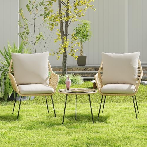 Blue 3 Pieces Upholstered Rattan Patio Bistro Set with Coffee Table J105997