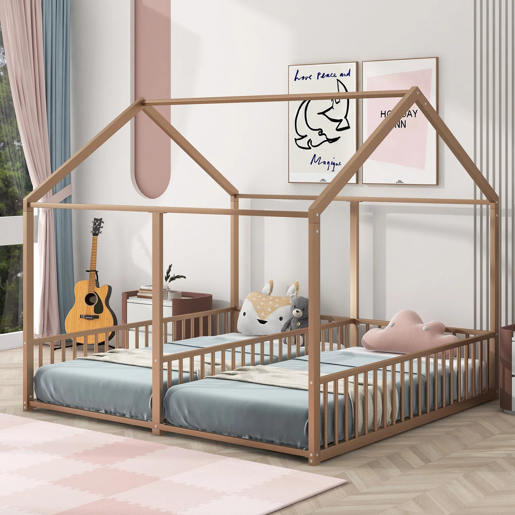 Twin Size Metal House Bed with Guardrails C397