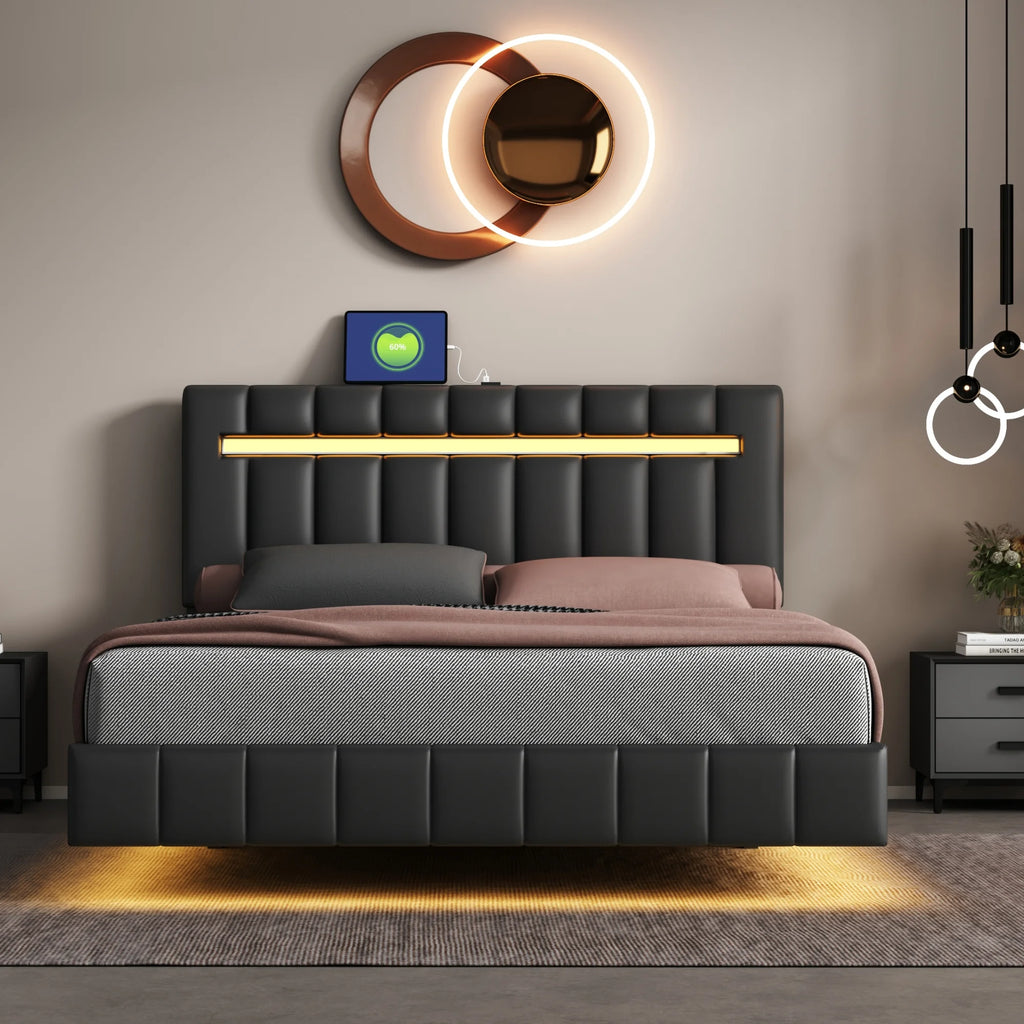 Queen Size Black Upholstered Platform Bed Frame with LED Lights D891